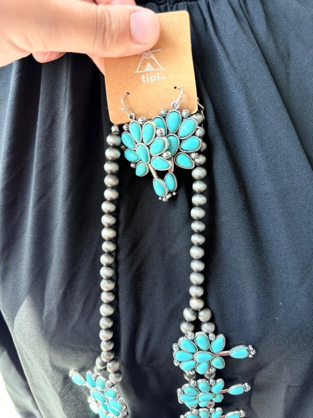 Western Fashion Turquoise Squash Blossom Statement Necklace & Earring Set
